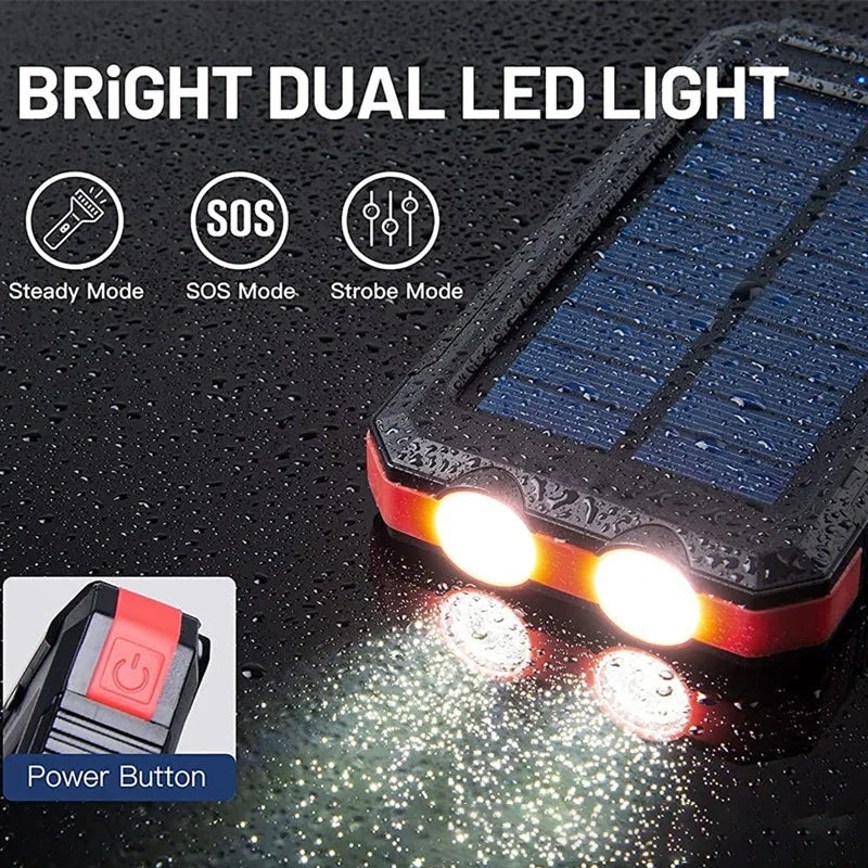 Solar Power Bank Outdoor Charger 200000mAh Portable Power Bank Waterproof External Battery Dual USB Charging with LED Light