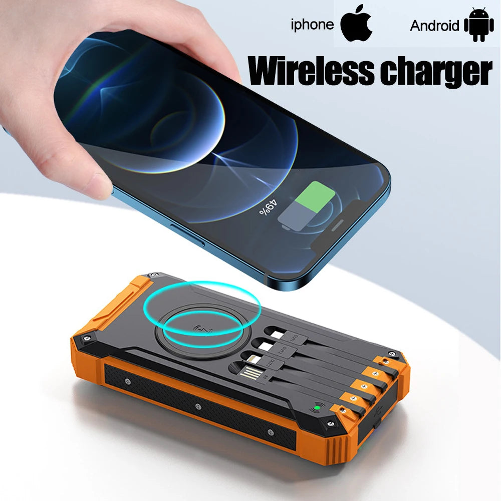 30000mAh Wireless Charger Solar Power Bank Built in 4 Cables Six Outputs 15W, Fast Charging Power Bank for All Mobile Devices