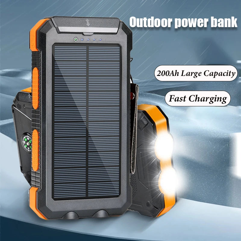 Solar Power Bank Outdoor Charger 200000mAh Portable Power Bank Waterproof External Battery Dual USB Charging with LED Light