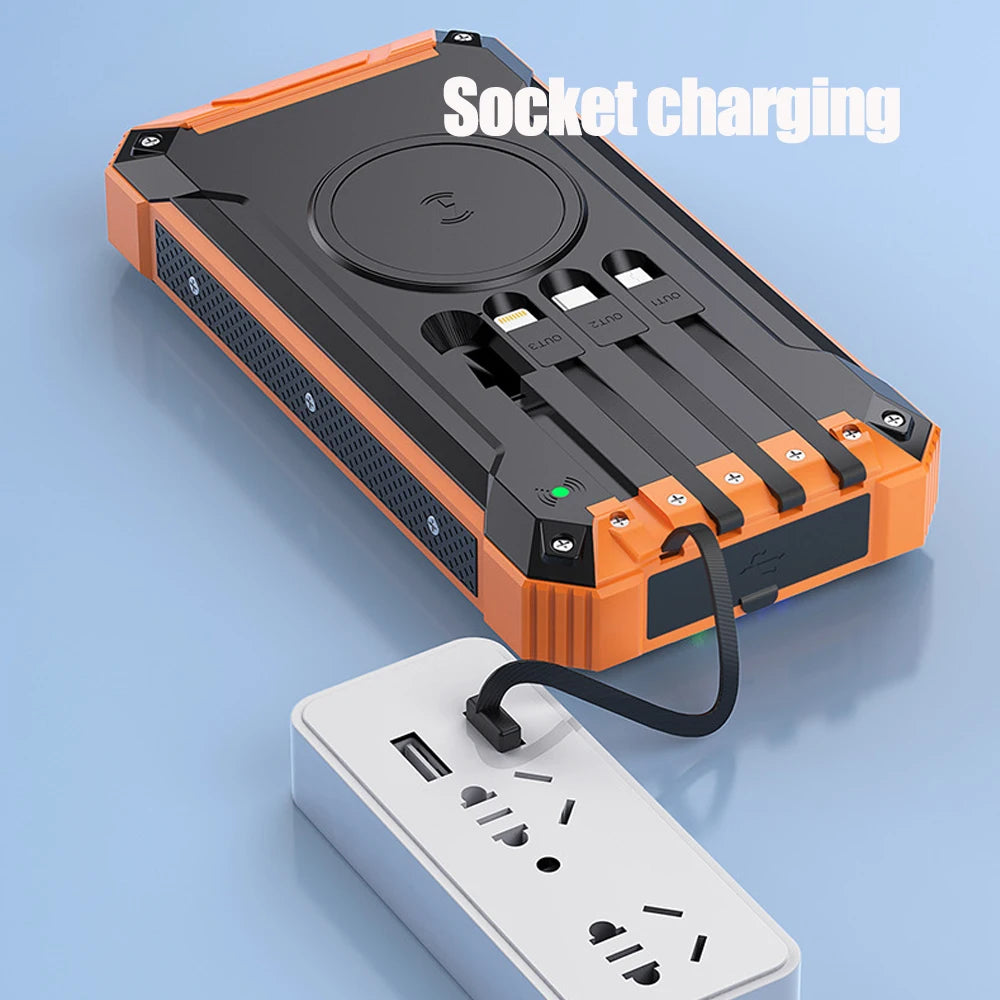 30000mAh Wireless Charger Solar Power Bank Built in 4 Cables Six Outputs 15W, Fast Charging Power Bank for All Mobile Devices