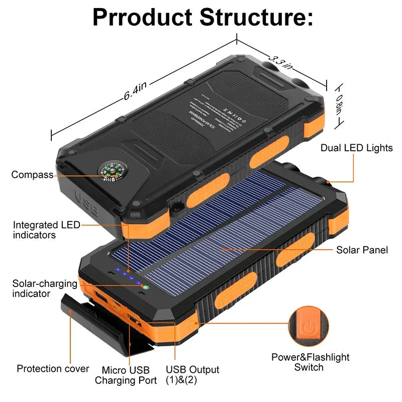 Solar Power Bank Outdoor Charger 200000mAh Portable Power Bank Waterproof External Battery Dual USB Charging with LED Light