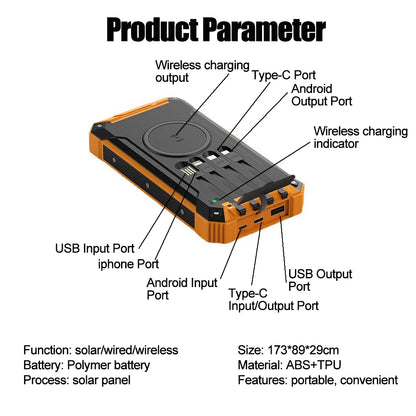 30000mAh Wireless Charger Solar Power Bank Built in 4 Cables Six Outputs 15W, Fast Charging Power Bank for All Mobile Devices